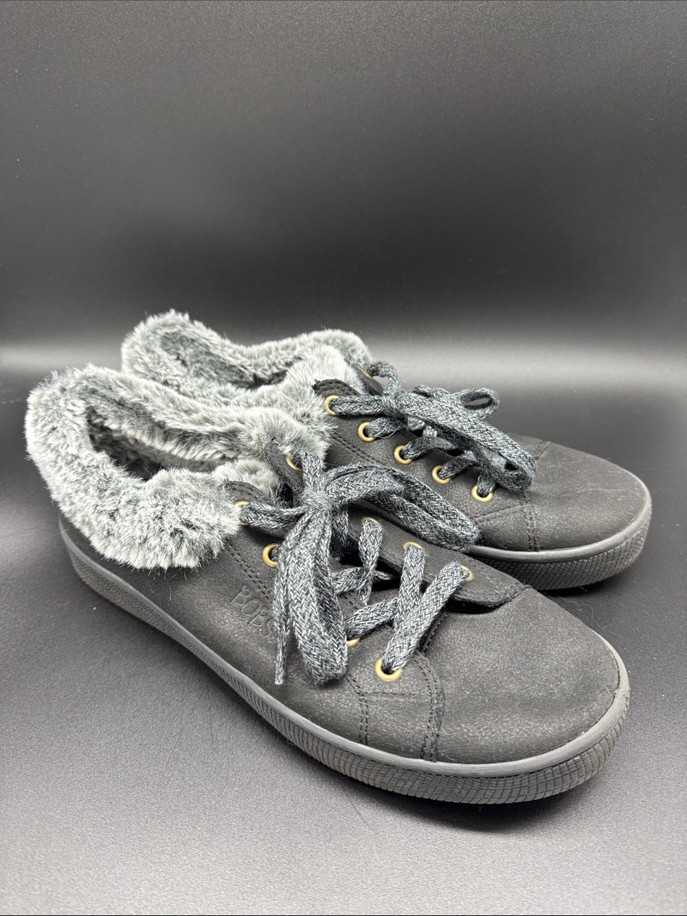 BOBS from Skechers Women's Black Faux-Fur Trim Lace-Up Sneakers Sz 9